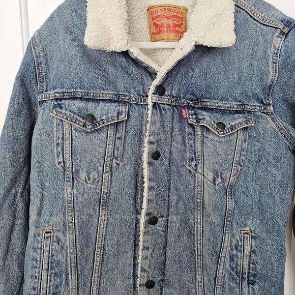 Vintage Levis Men's Denim Jacket Size L Sherpa Lined Stone Washed Trucker Coat - Picture 1 of 8